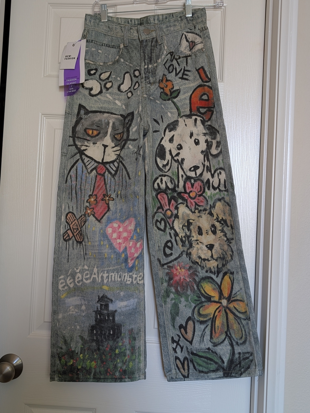 Painted Jeans Doodle Graphic Cats Dogs Flowers Art Women's Small Size 28